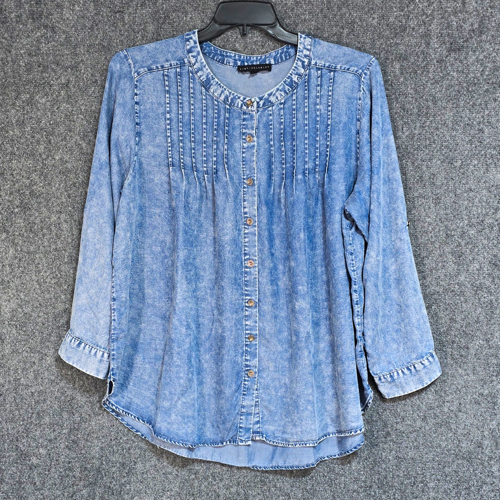 Jane + Delancey Womens 1X Blue Lyocell Denim Tunic Blouse Button Front Pleated